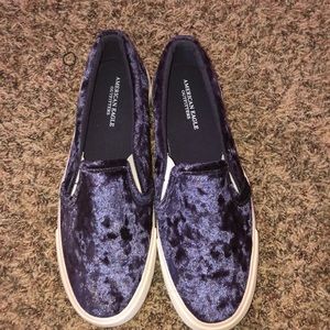 Dark blue velvet slip ons